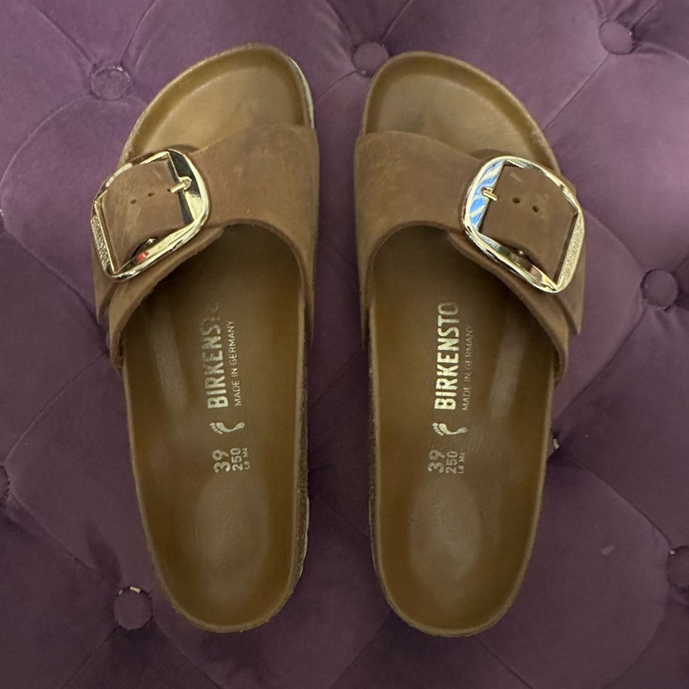 Birkenstock Brown Slide Sandals with Gold Buckle